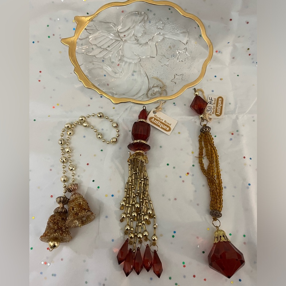 One of a kind Antique Christmas Tree Ornament + Glass Angel Dish Gold Look Trim